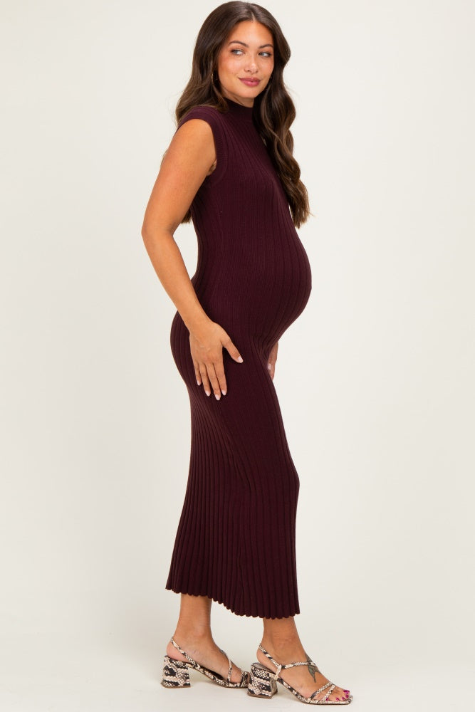 Burgundy Ribbed Knit Mock Neck Maternity Maxi Dress