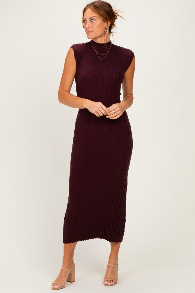 Burgundy Ribbed Knit Mock Neck Maxi Dress