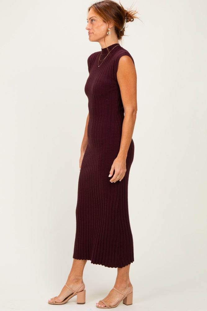 Burgundy Ribbed Knit Mock Neck Maxi Dress