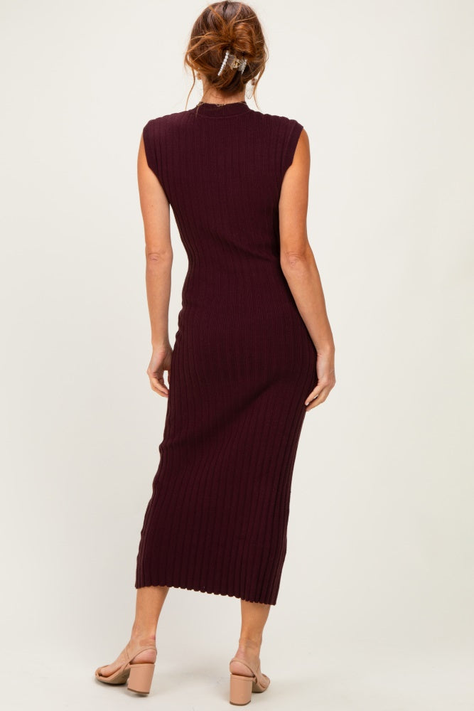Burgundy Ribbed Knit Mock Neck Maxi Dress