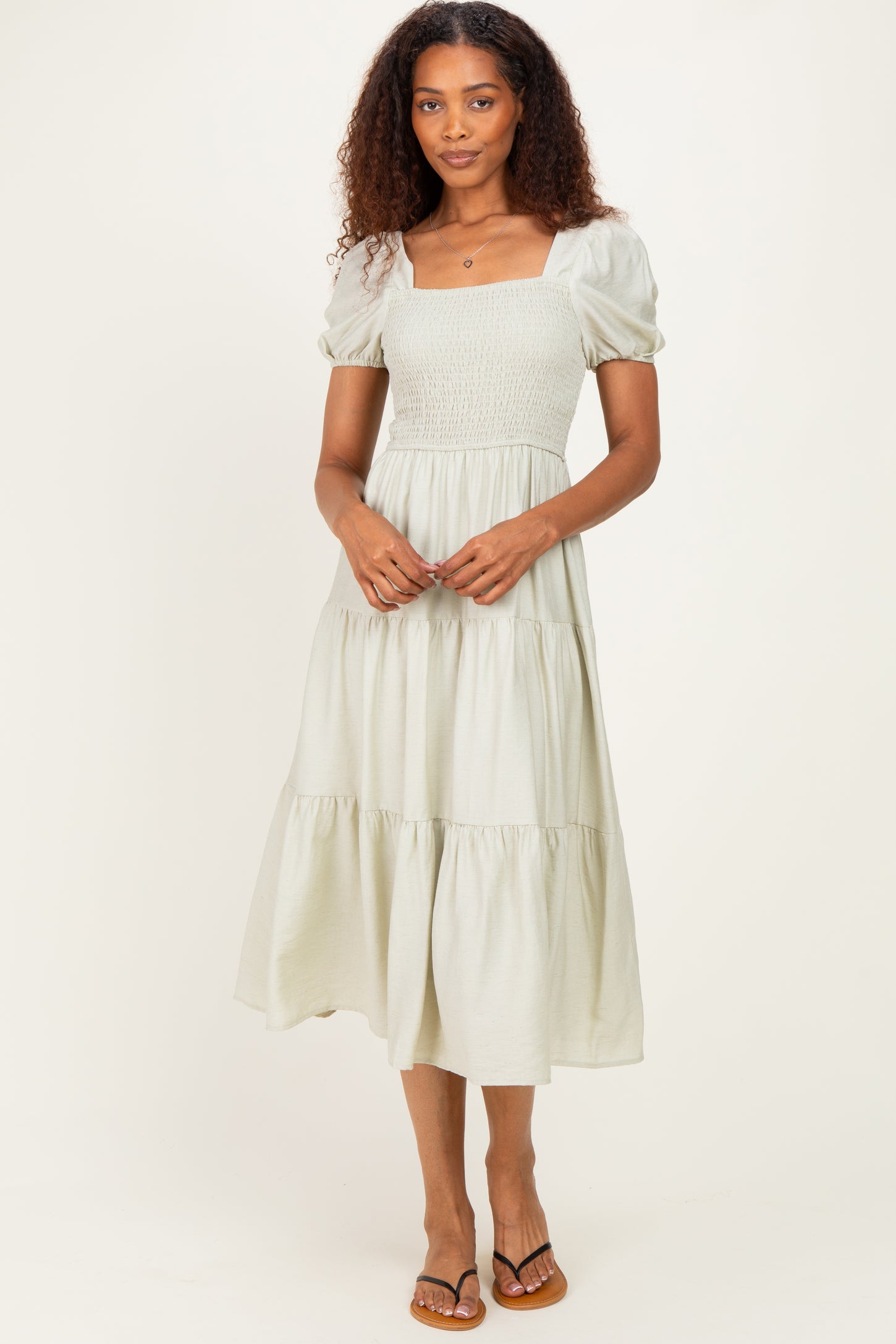 Sage Smocked Puff Sleeve Tiered Linen Maternity Midi Dress