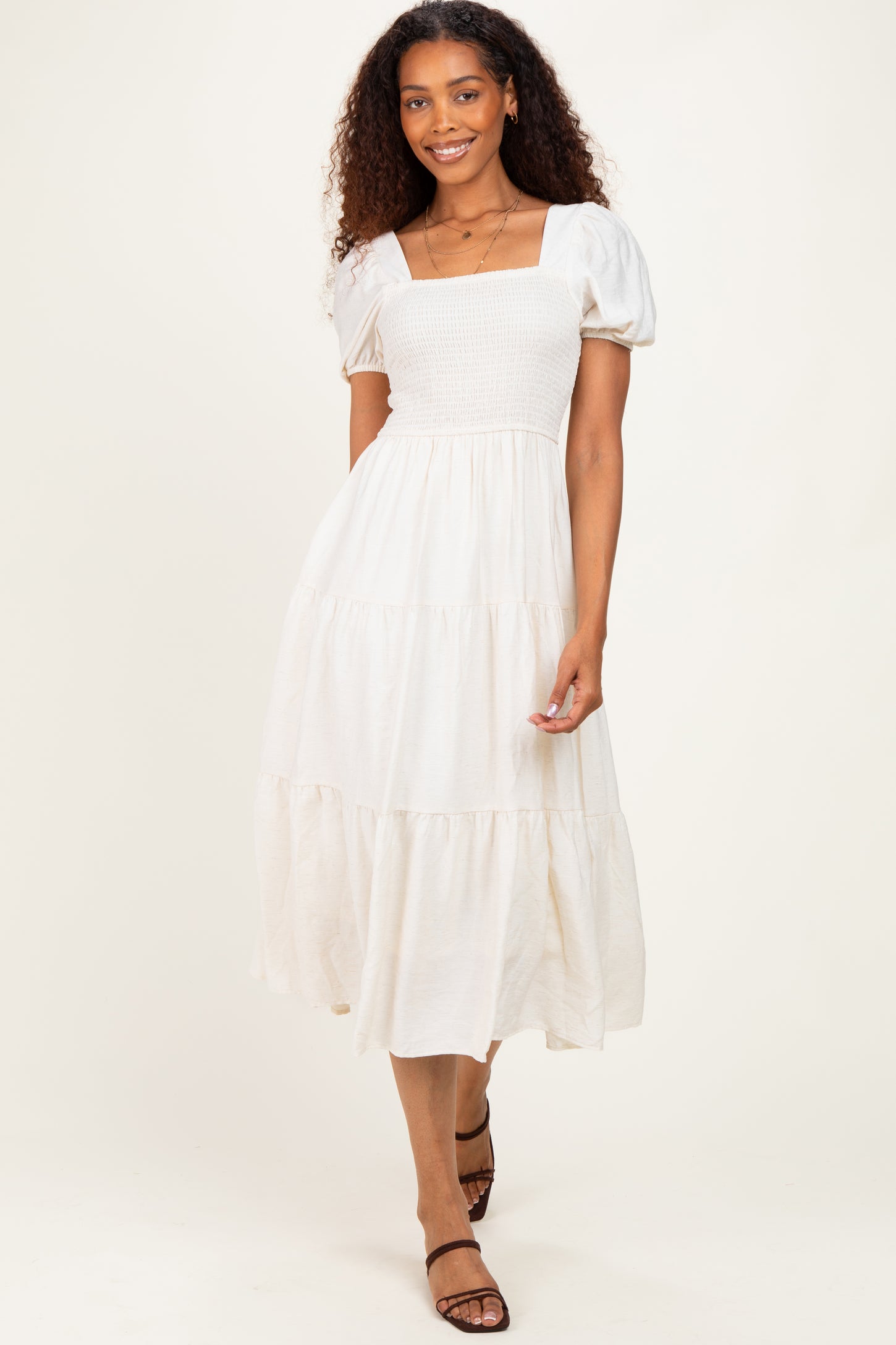 Natural Smocked Puff Sleeve Tiered Linen Maternity Midi Dress