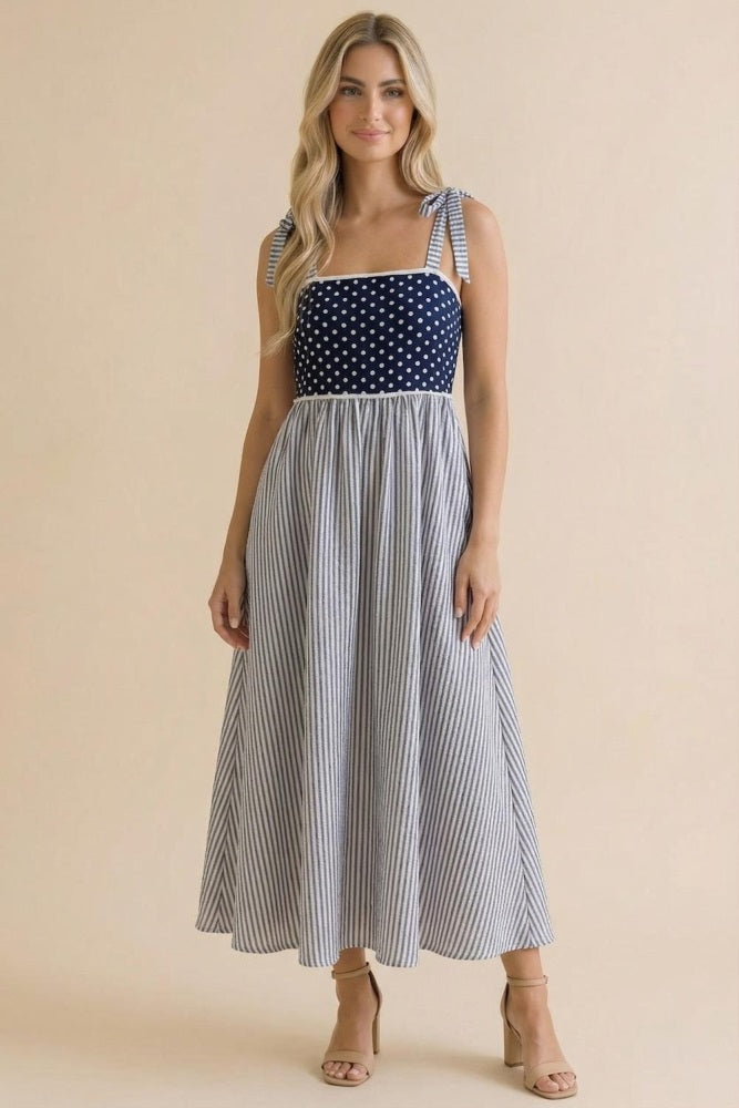Navy Polka Dot Stripe Shoulder Tie Maternity Midi Dress