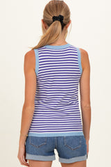 woman wearing a blue and white striped sleeveless maternity top with a relaxed fit and back view visible