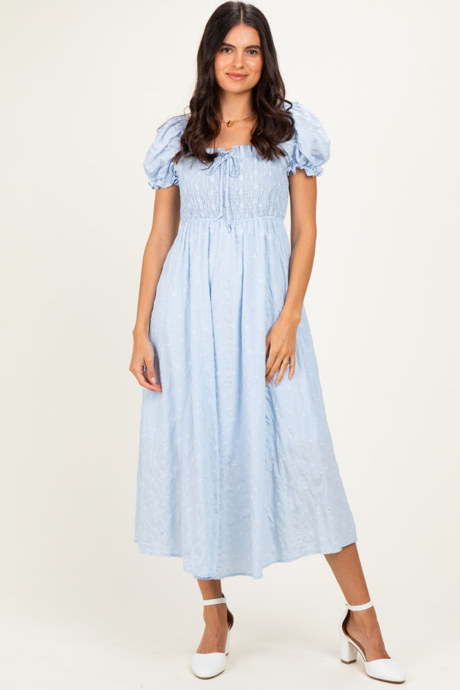 Blue Square Neck Puff Sleeve Maternity Midi Dress
