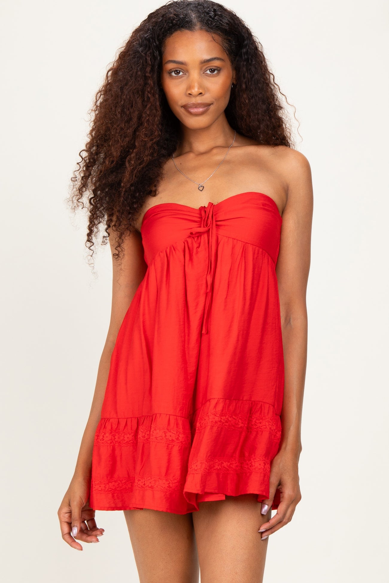 Red Strapless Lace Accent Babydoll Maternity Mini Dress