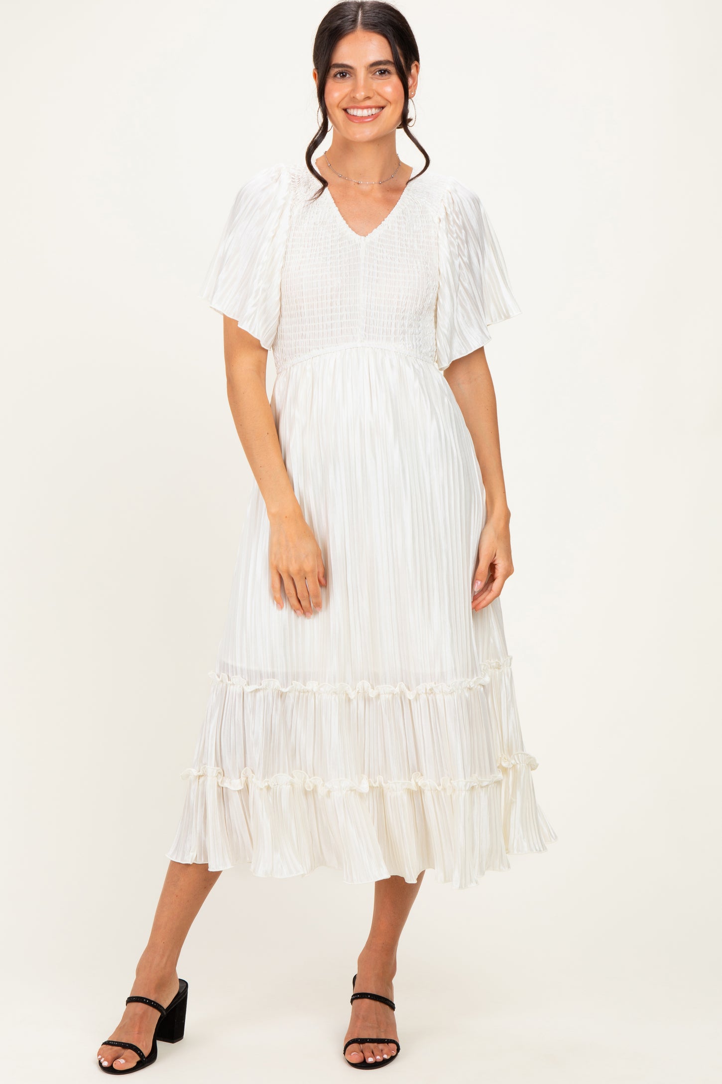 Cream Pleated Satin Smocked Maternity Midi Dress