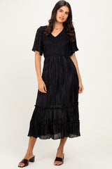 Black Pleated Satin Smocked Midi Dress