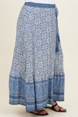 maternity wear blue patterned maxi skirt with a flowy design and tassel details on the waist