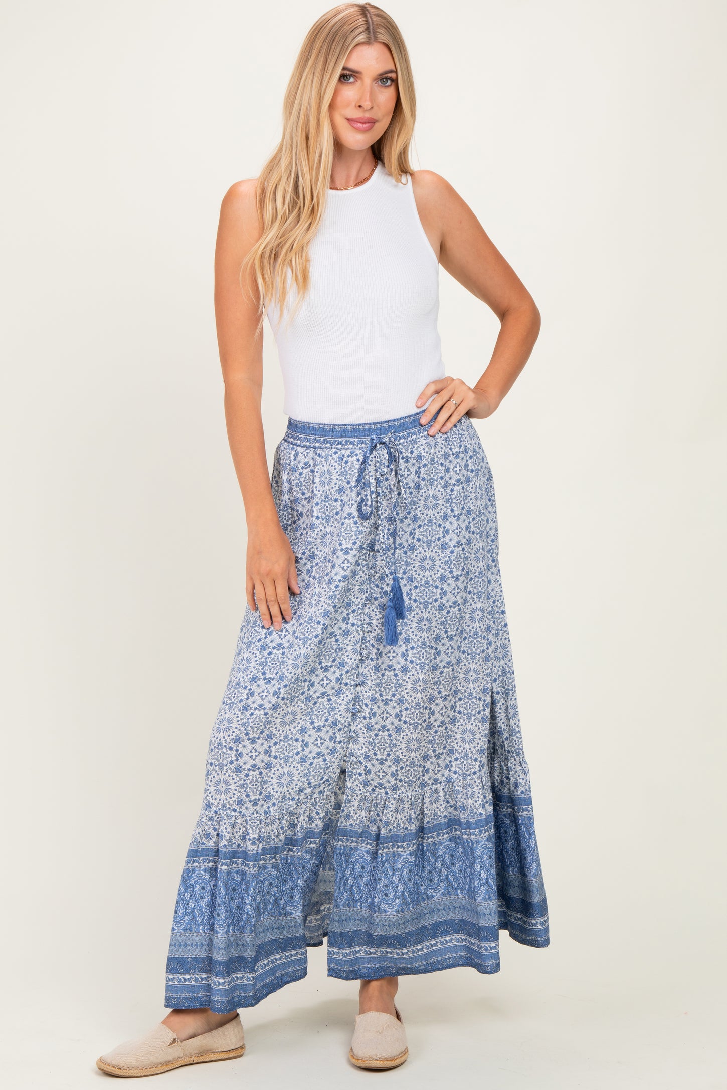 Blue Boho Print Drawstring Smocked Waist Maternity Maxi Skirt