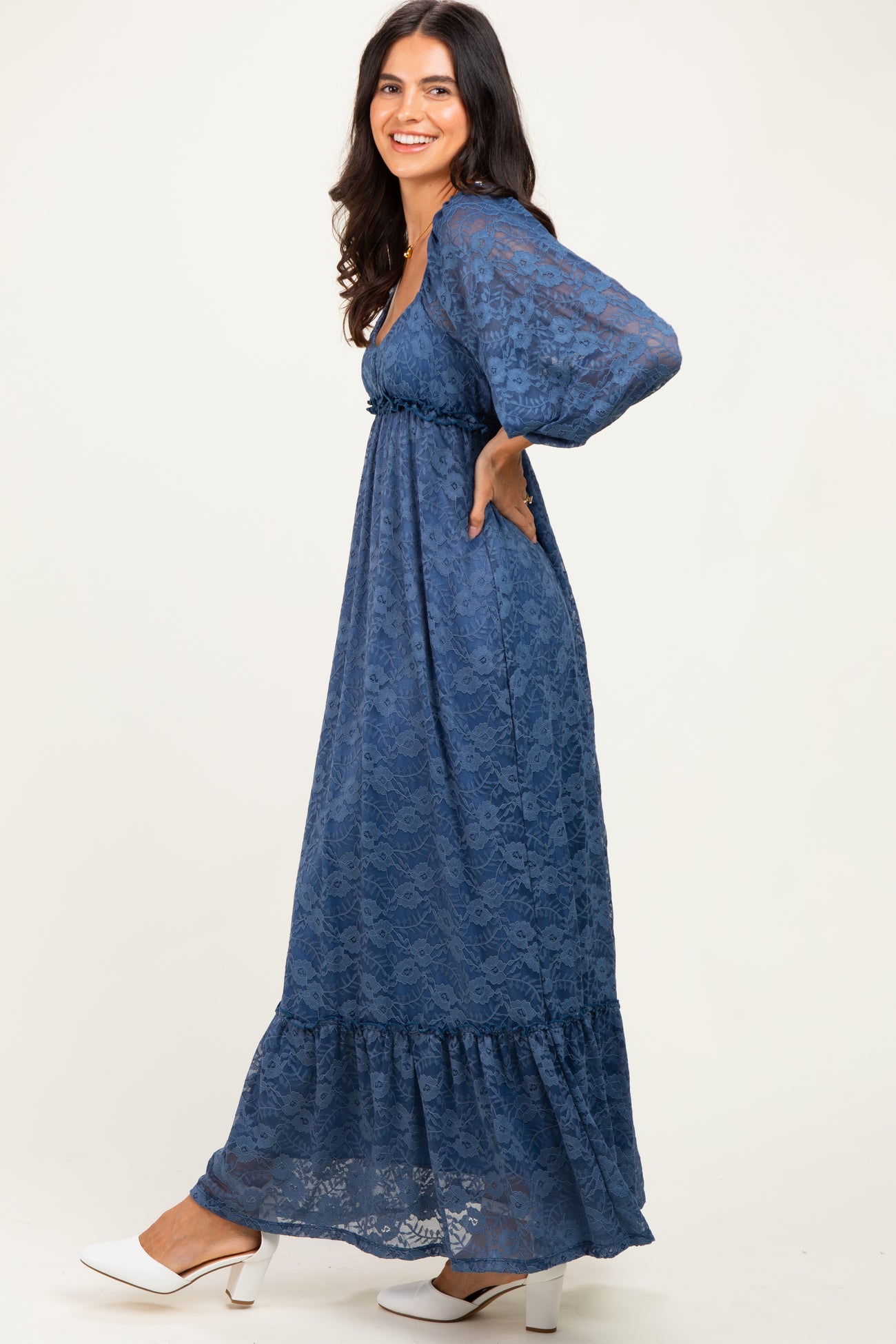 Blue Lace Long Sleeve Maternity Maxi Dress