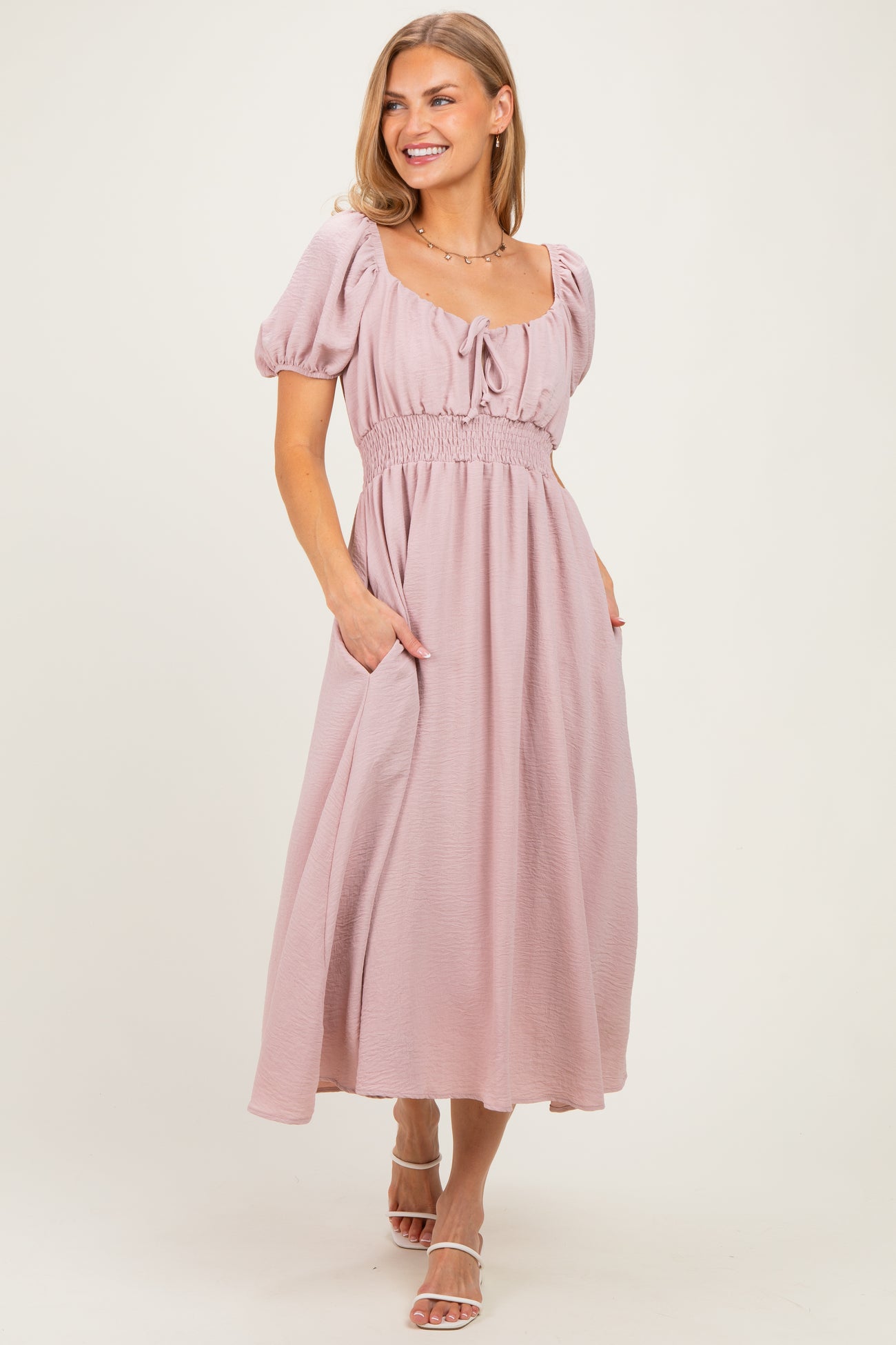 Light Pink Smocked Waist Short Sleeve Maternity Midi Dress