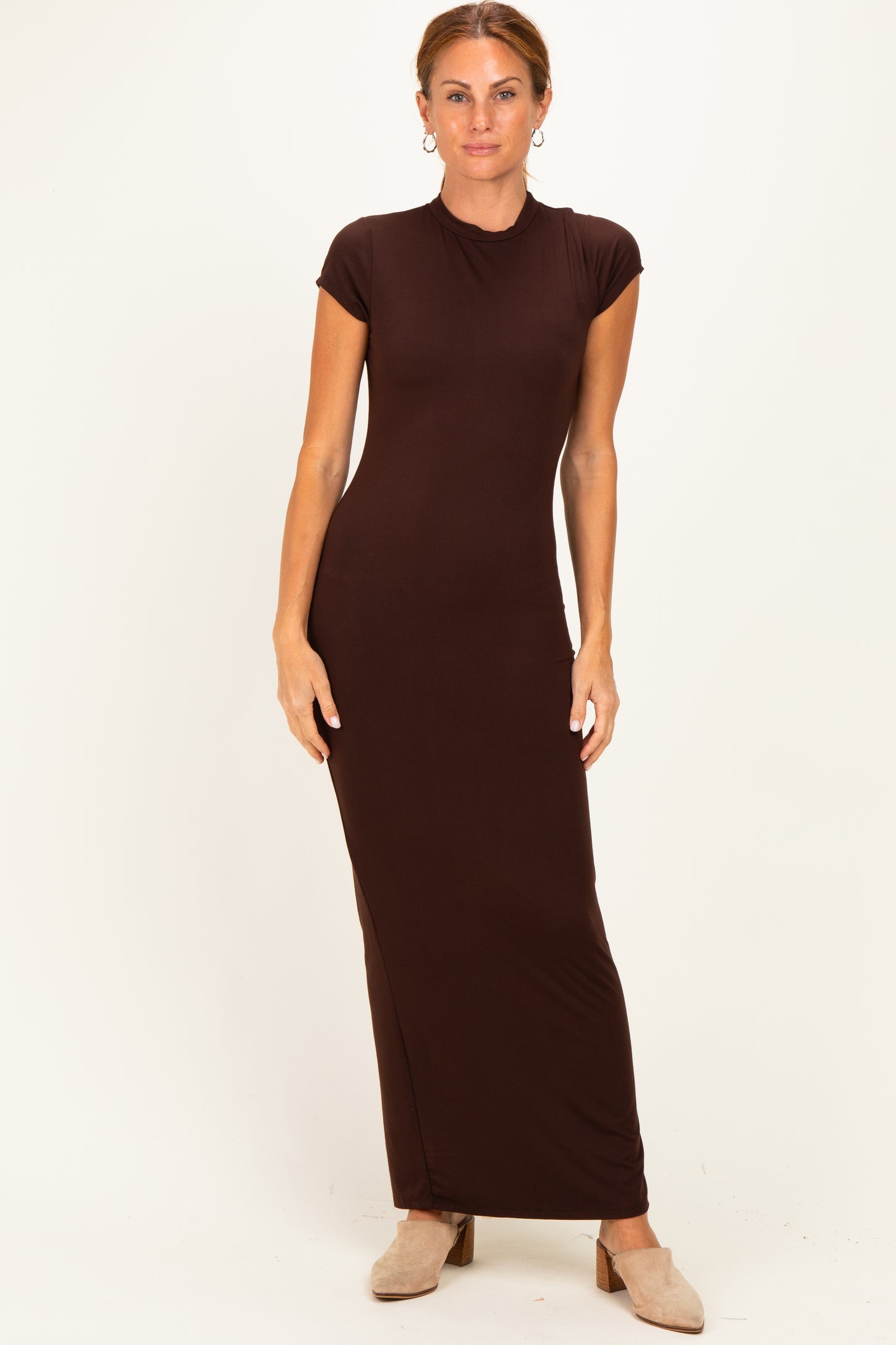 Brown Fitted Short Sleeve Maternity Maxi Dress