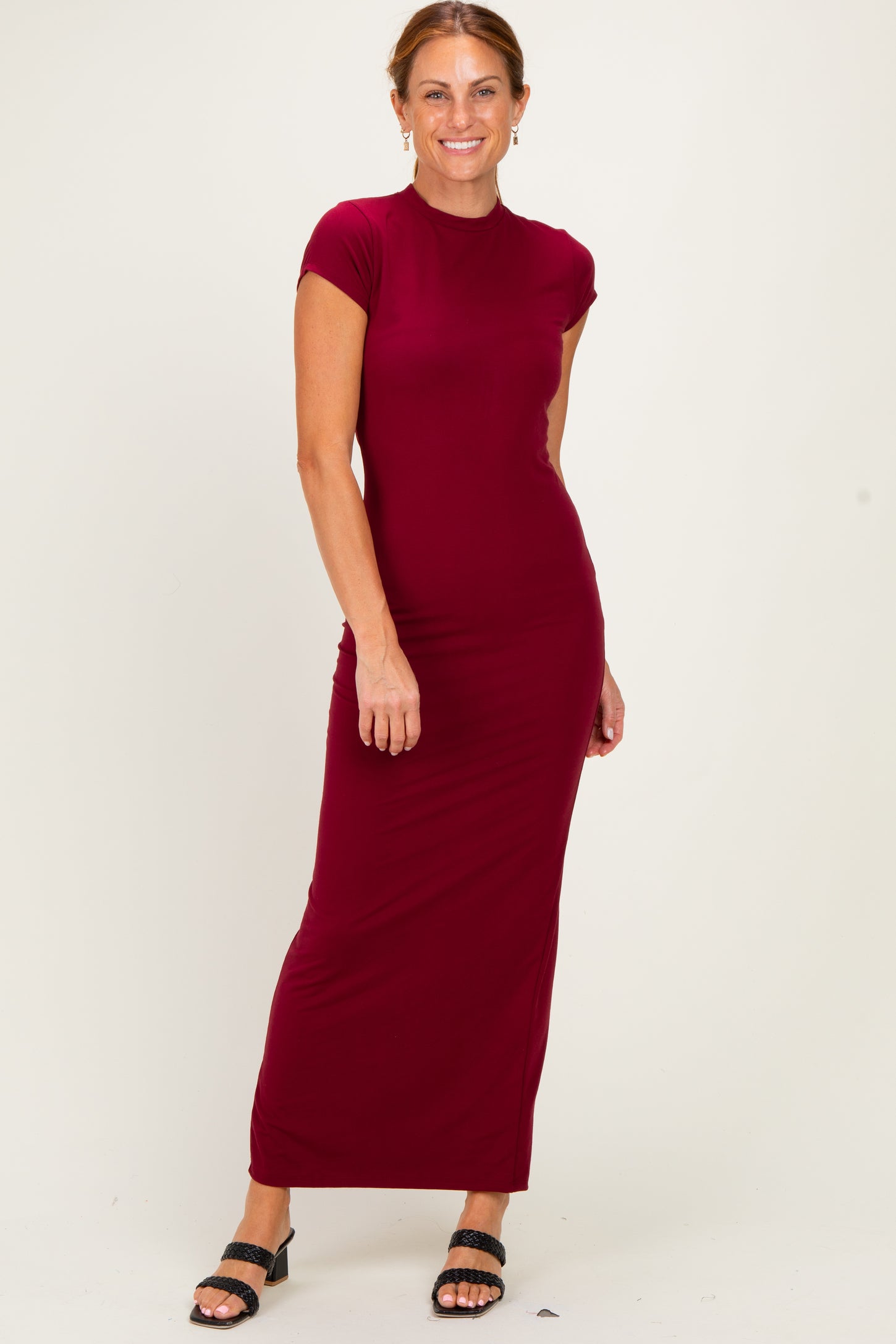 Burgundy Fitted Short Sleeve Maternity Maxi Dress