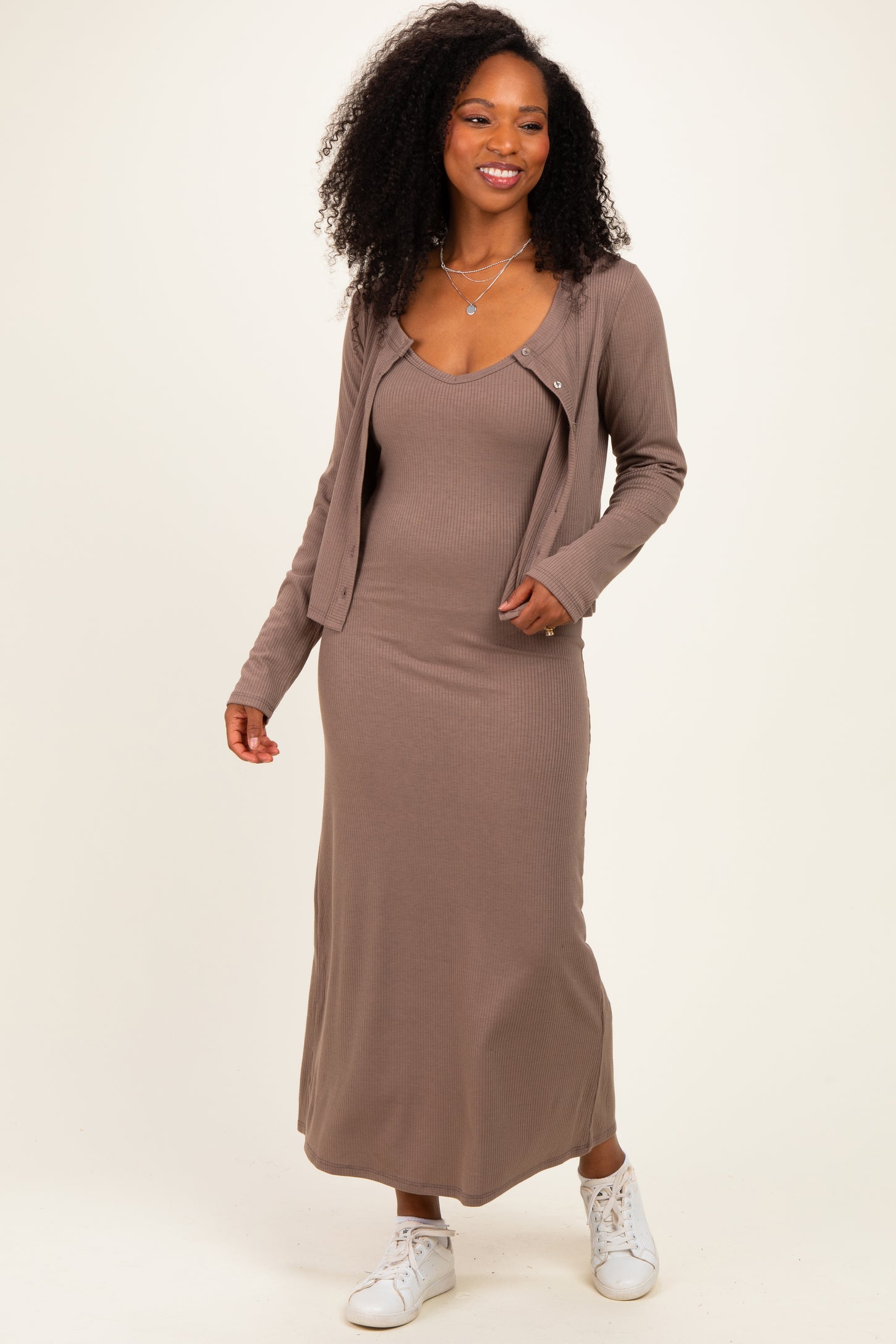 Mocha Knit Dress Cardigan Set