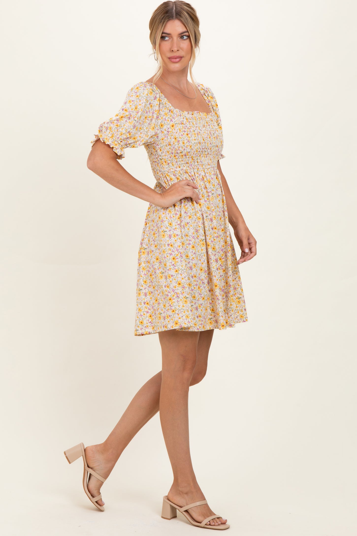 Yellow Multi Ditsy Floral Ruffle Bubble Sleeve Smocked Dress