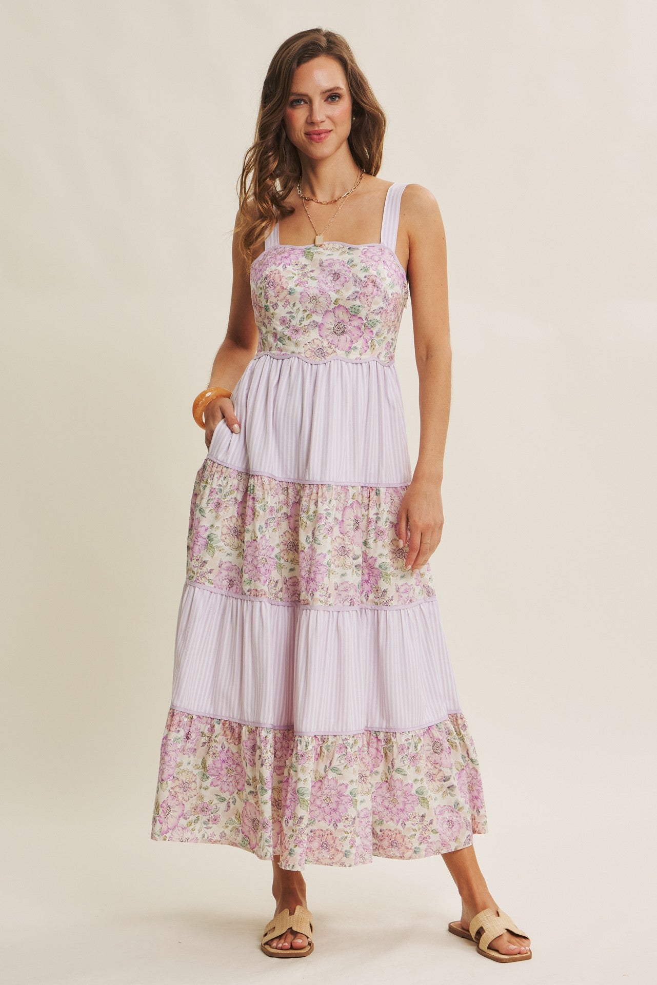 Lavender Multi Floral Tiered Sleeveless Maternity Midi Dress