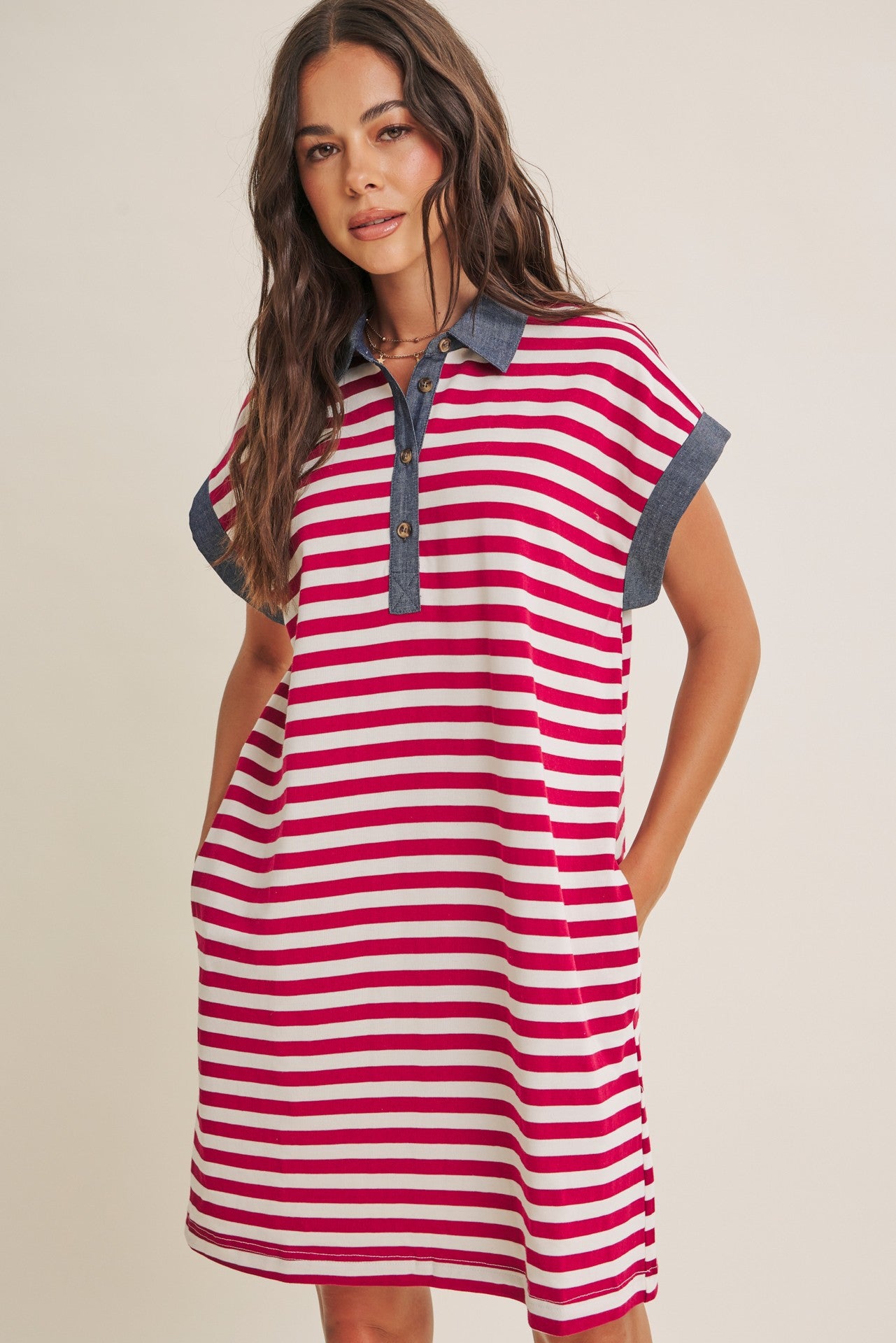 Burgundy/Cream Relaxed Fit Striped Polo Maternity Mini Dress