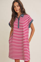 Burgundy/Cream Relaxed Fit Striped Polo Maternity Mini Dress