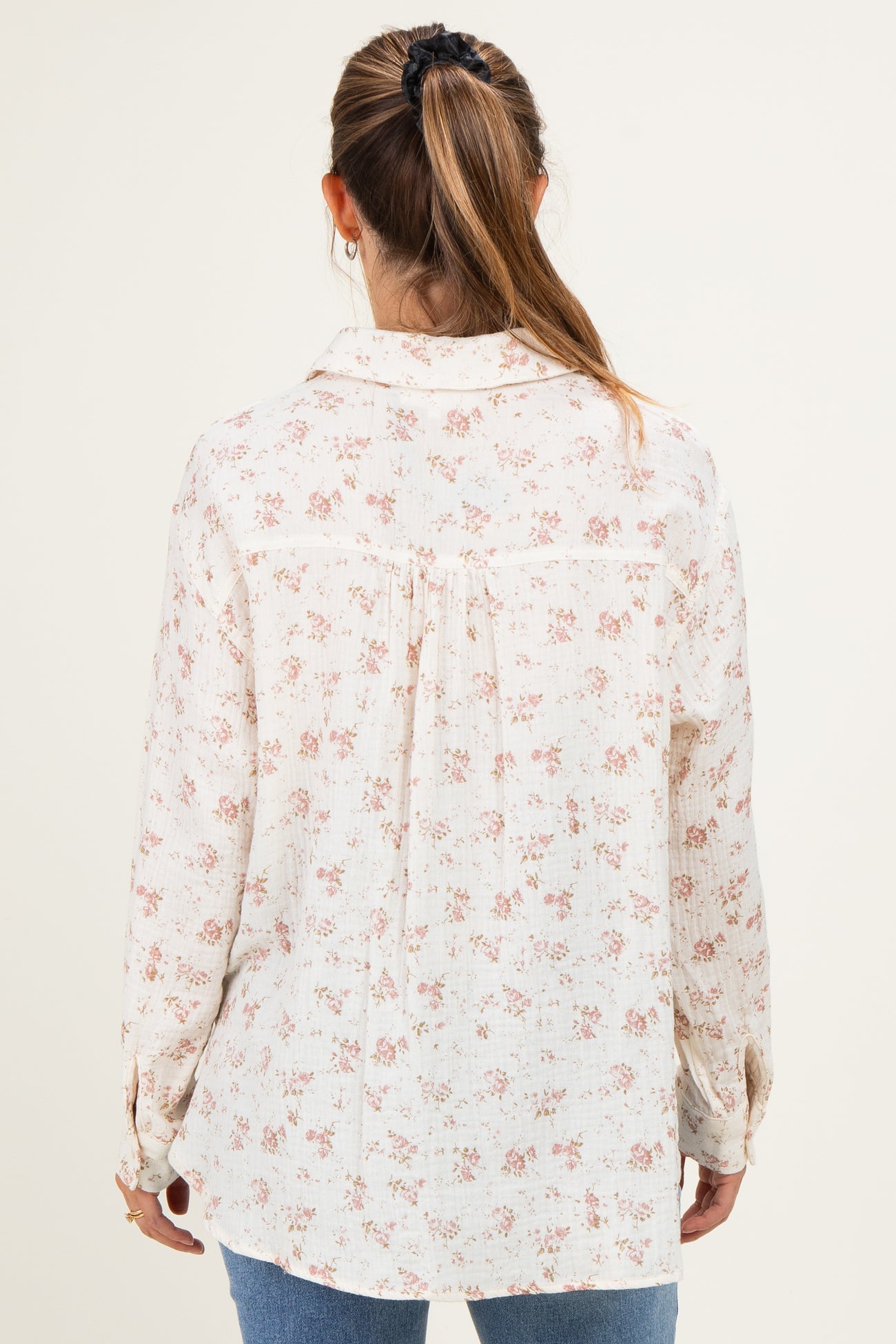 Mauve Floral Cotton Gauze Oversized Button-Down Maternity Shirt
