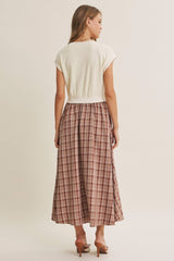 Cream/Mocha Plaid Cap Sleeve Midi Dress