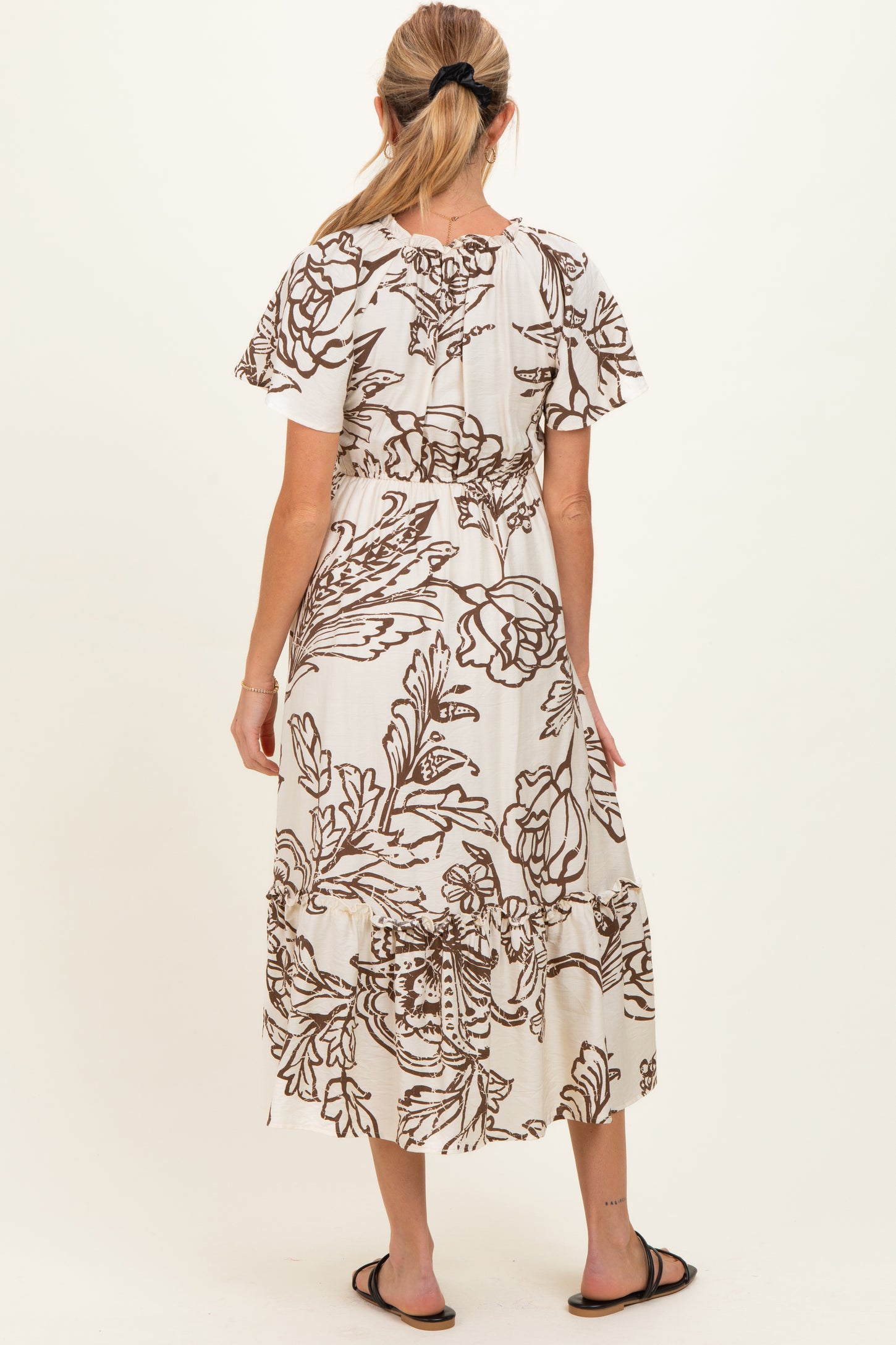 Taupe Floral Smocked Front Tie Maternity Midi Dress
