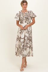 Taupe Floral Smocked Front Tie Midi Dress