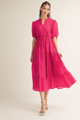 Fuchsia Drawstring Waist Tiered Maternity Midi Dress