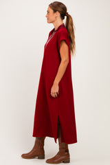 Burgundy Striped Collared Side Slit Midi Dress