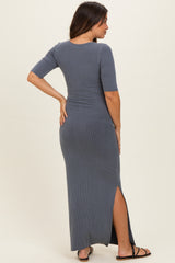 Slate Ruched Short Sleeve Side Slit Maternity Midi Dress