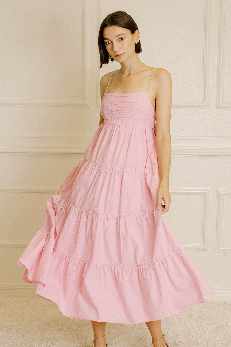 Light Pink Tiered Bow Detail Maternity Midi Dress