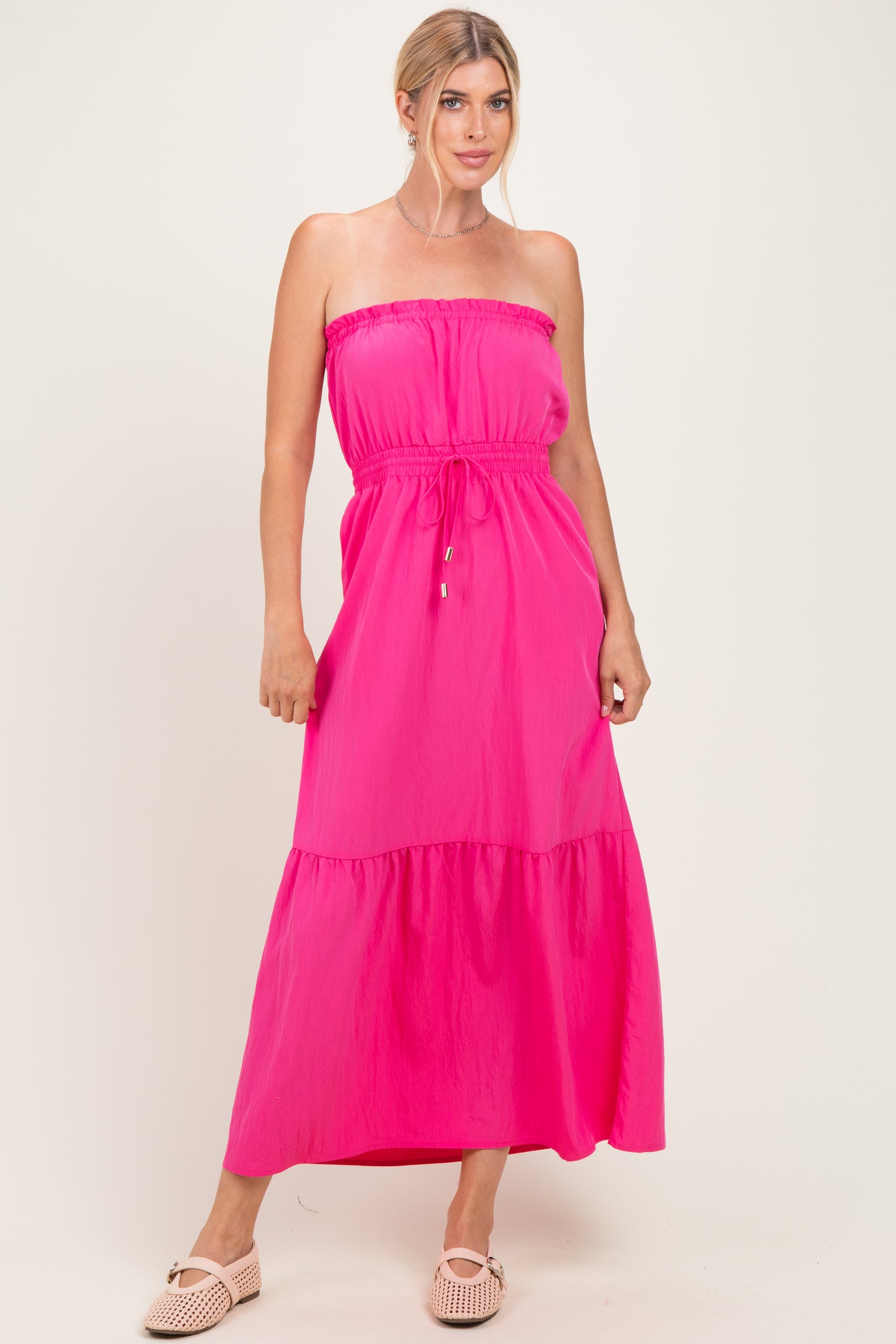 Hot Pink Strapless Cinched Waist Tie Maternity Maxi Dress