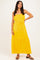 woman wearing a yellow strapless maxi dress with an elastic waist and ruffle hem