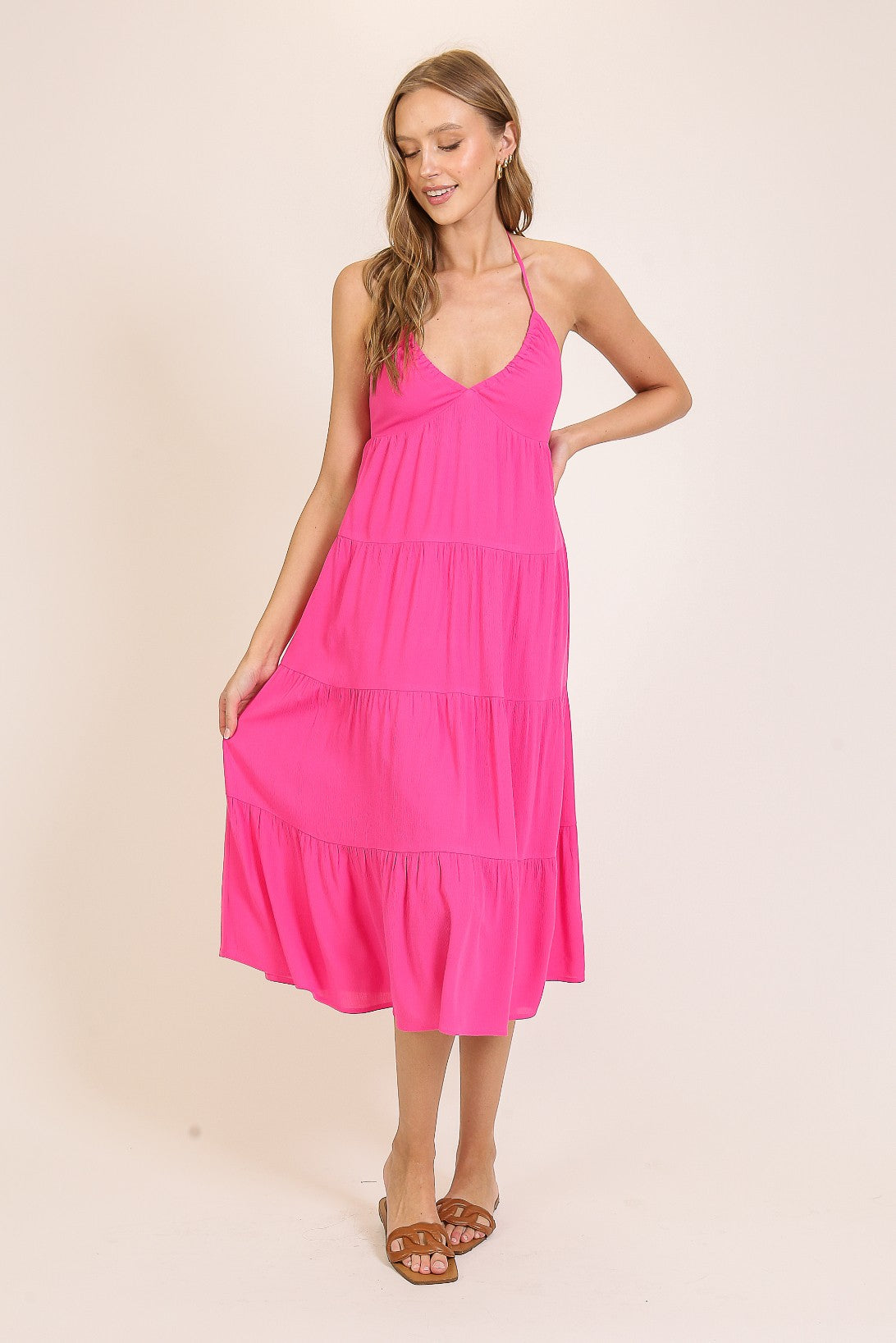 Pink Halter Cutout Maternity Midi Dress