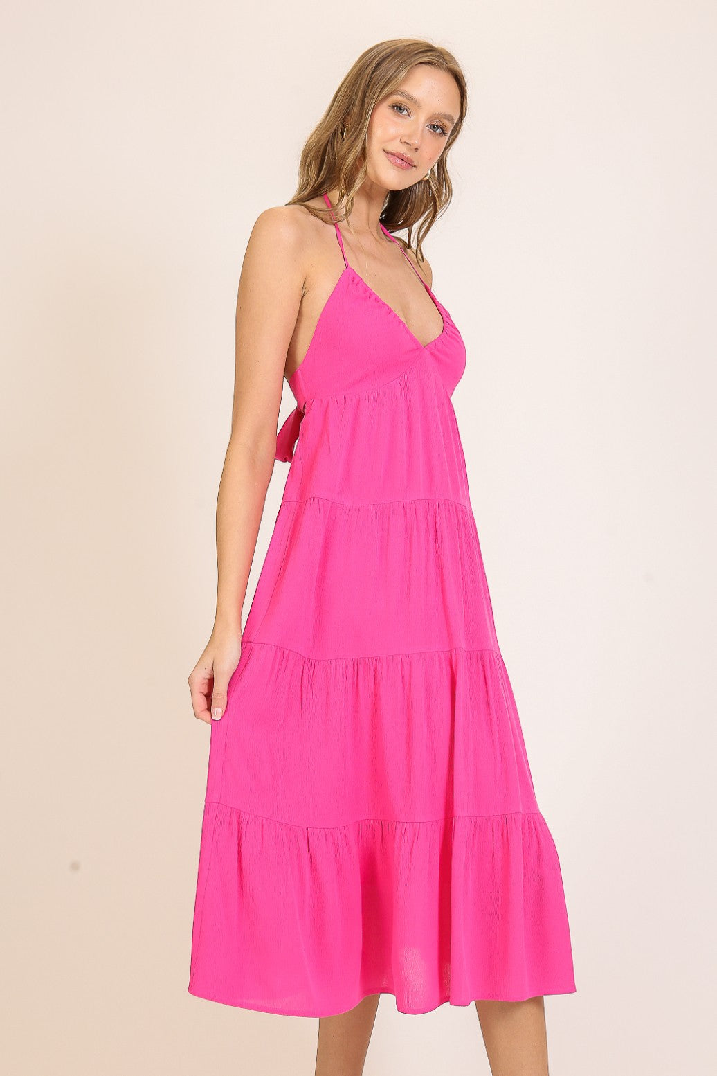 Pink Halter Cutout Midi Dress