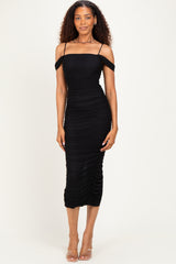 Black Ruched Mesh Off Shoulder Maternity Midi Dress