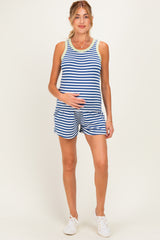 Navy Striped Solid Trim Tank Short Maternity Set