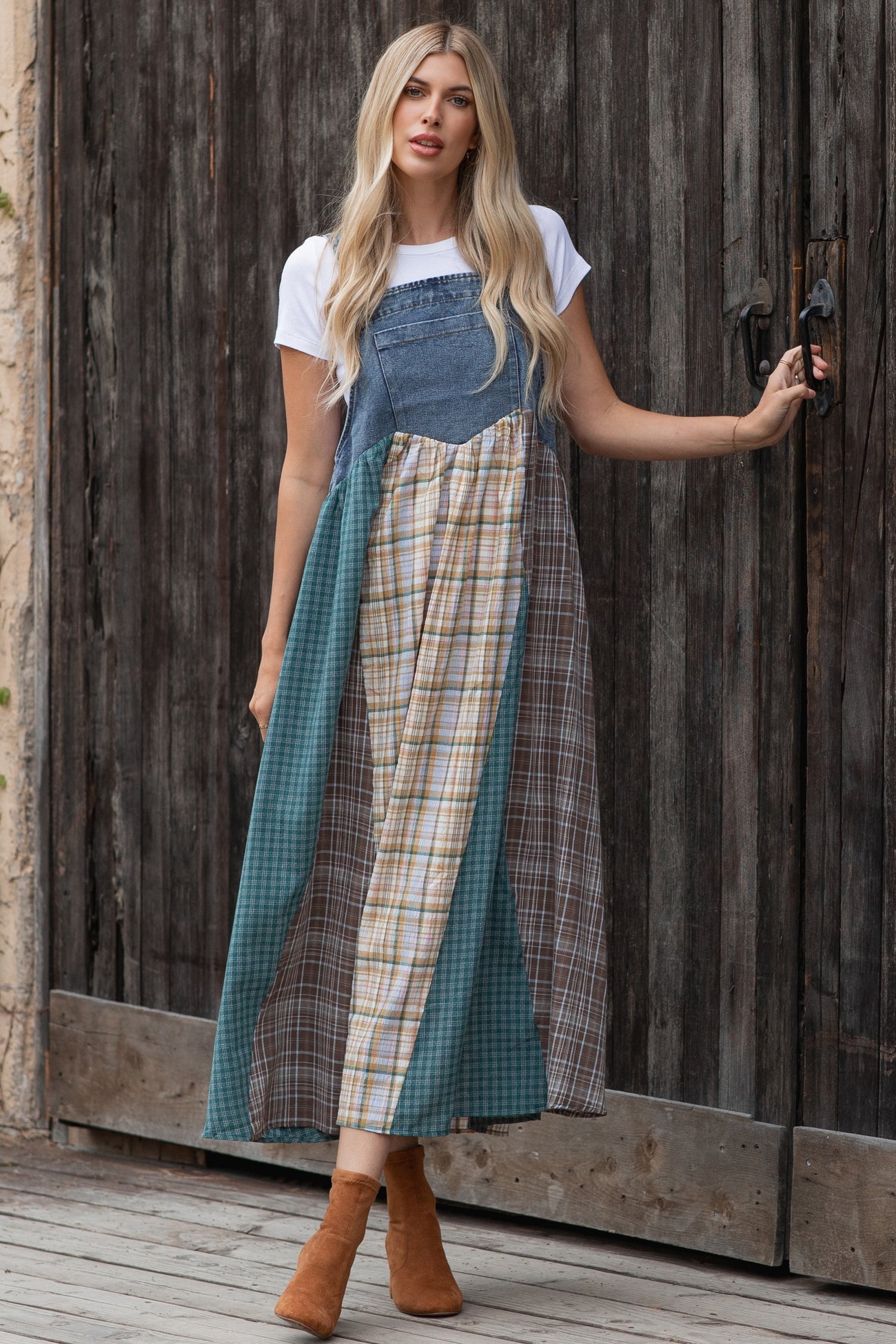 Denim Plaid Colorblock Overall Dress