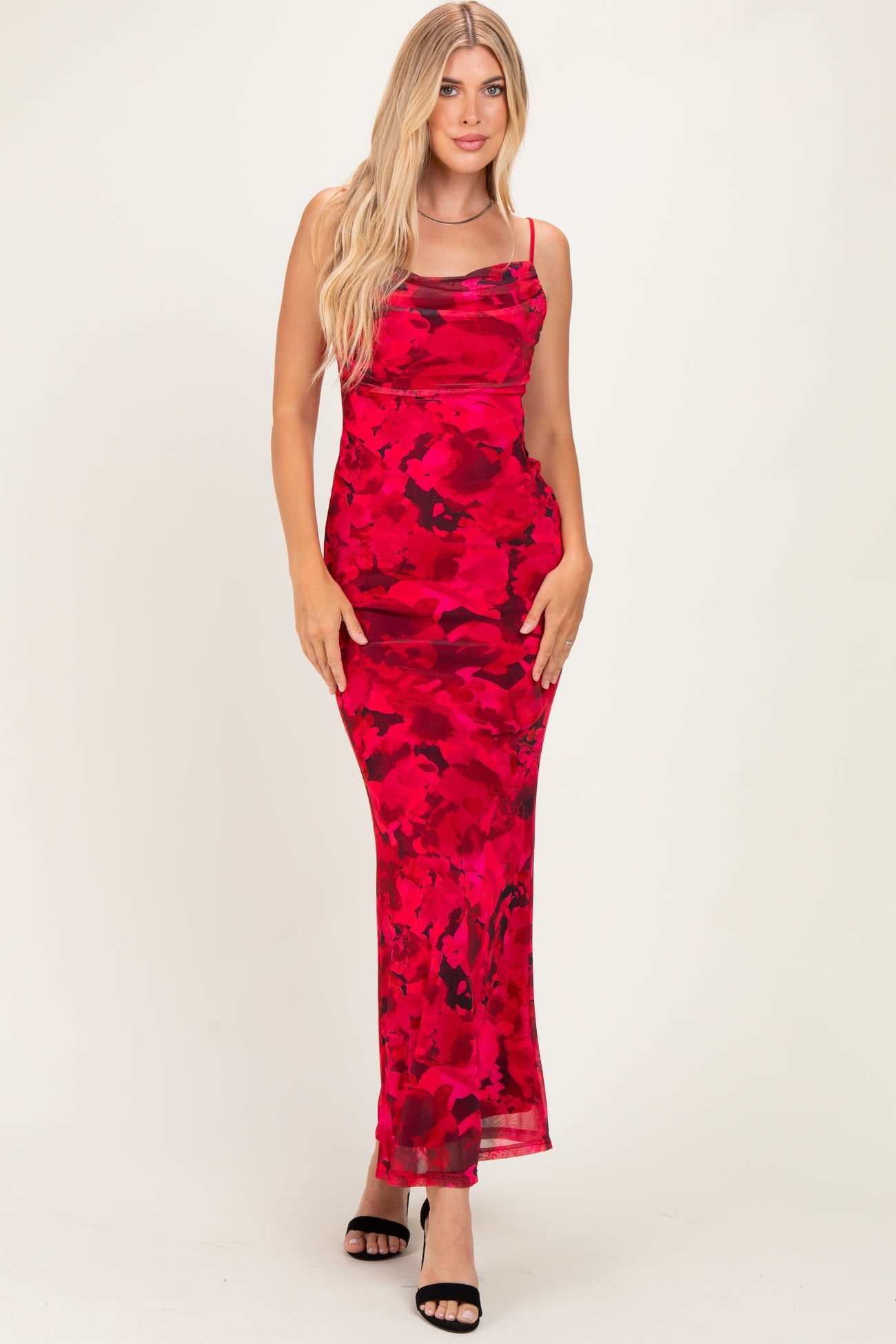 Red Printed Crisscross Back Maternity Maxi Dress