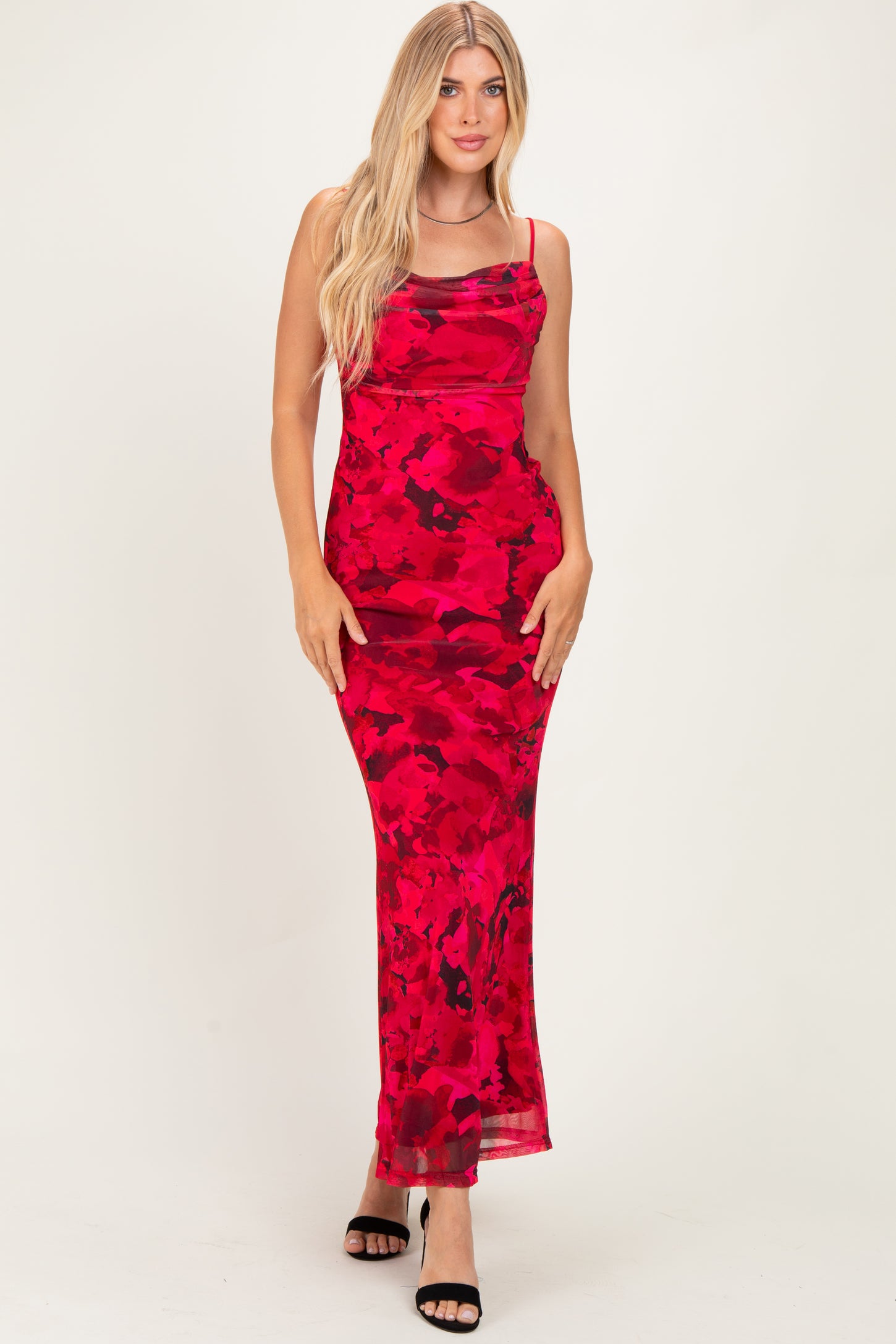 Red Printed Crisscross Back Maternity Maxi Dress