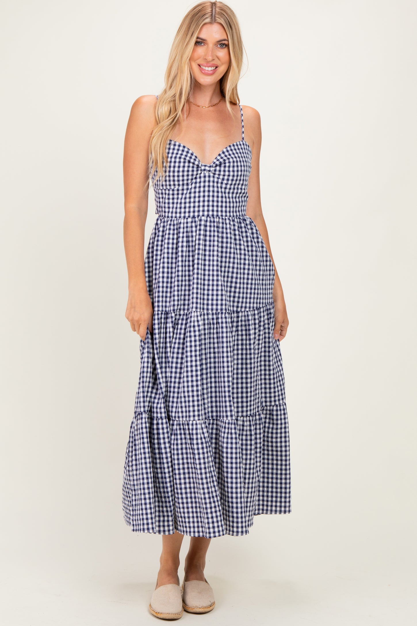 Navy Gingham Cutout Tie Back Tiered Maternity Maxi Dress