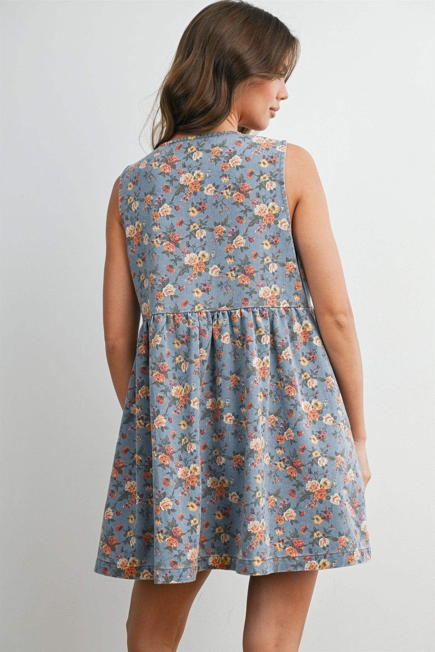 Light Denim Floral Tie Front Mini Dress