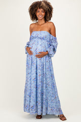 Blue Off Shoulder Long Sleeve Maternity Maxi Dress