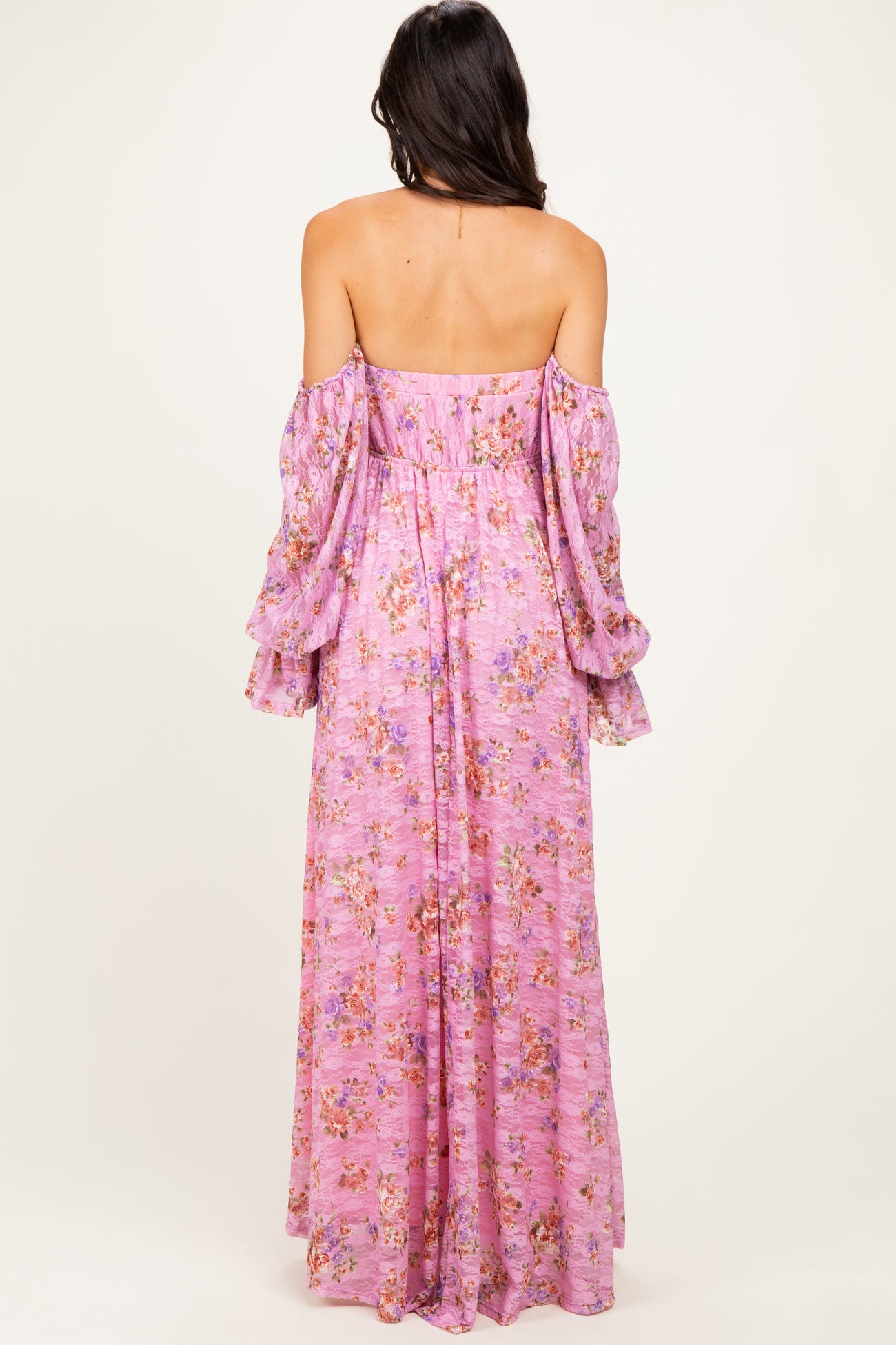 Pink Off Shoulder Long Sleeve Maxi Dress