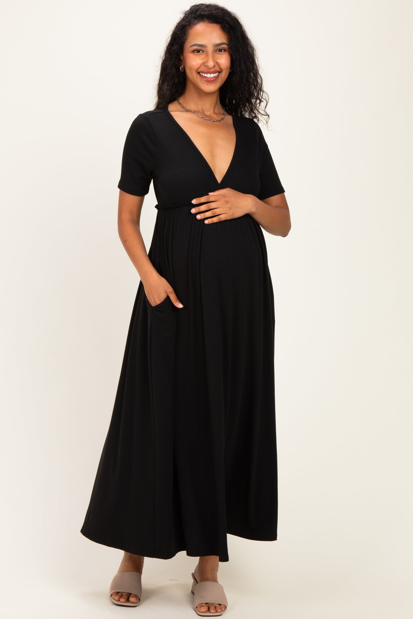 Black Short Sleeve V-Neck Maternity Maxi Dress