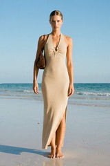 Cream Knit Halter Gold Ring Maternity Maxi Dress