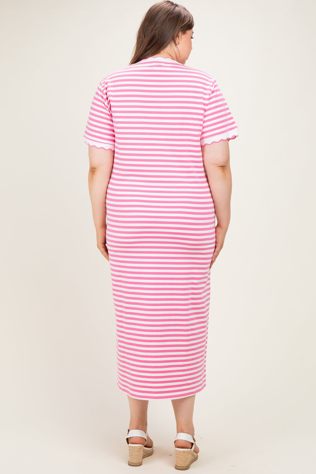 Pink Striped Scallop Trim Short Sleeve Maternity Plus Maxi Dress