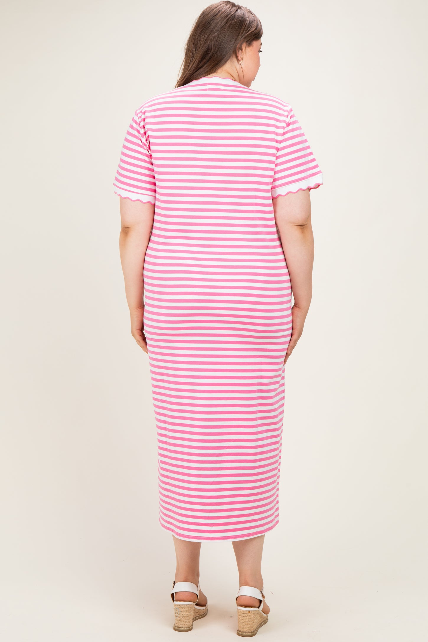 Pink Striped Scallop Trim Short Sleeve Maternity Plus Maxi Dress