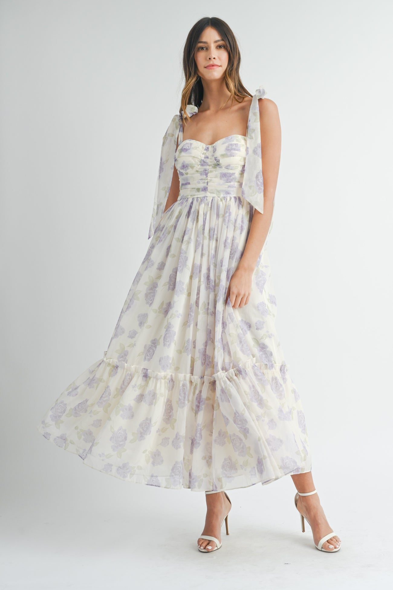 Lavender Floral Chiffon Shoulder Tie Maternity Midi Dress