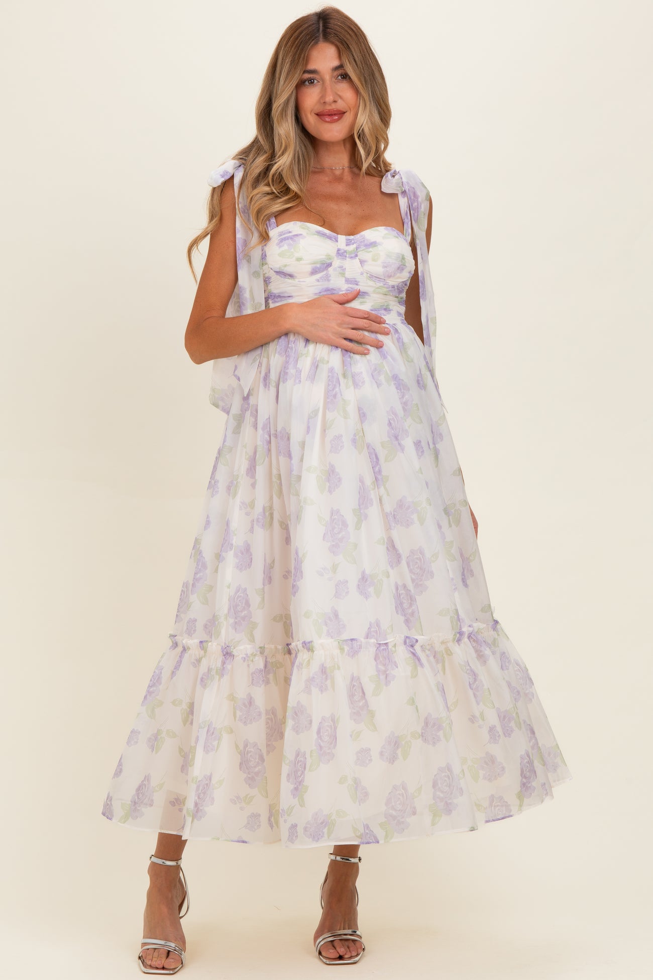 Lavender Floral Chiffon Shoulder Tie Maternity Midi Dress